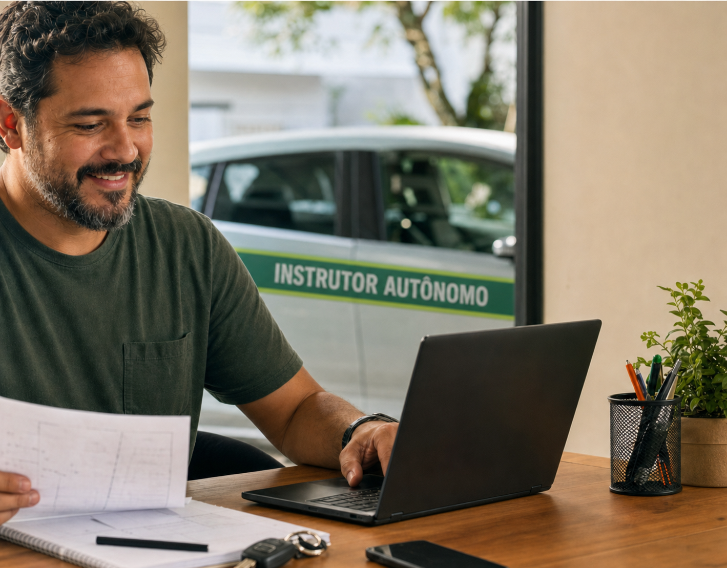 Instrutor autônomo conferindo sua gestão em um ambiente de trabalho